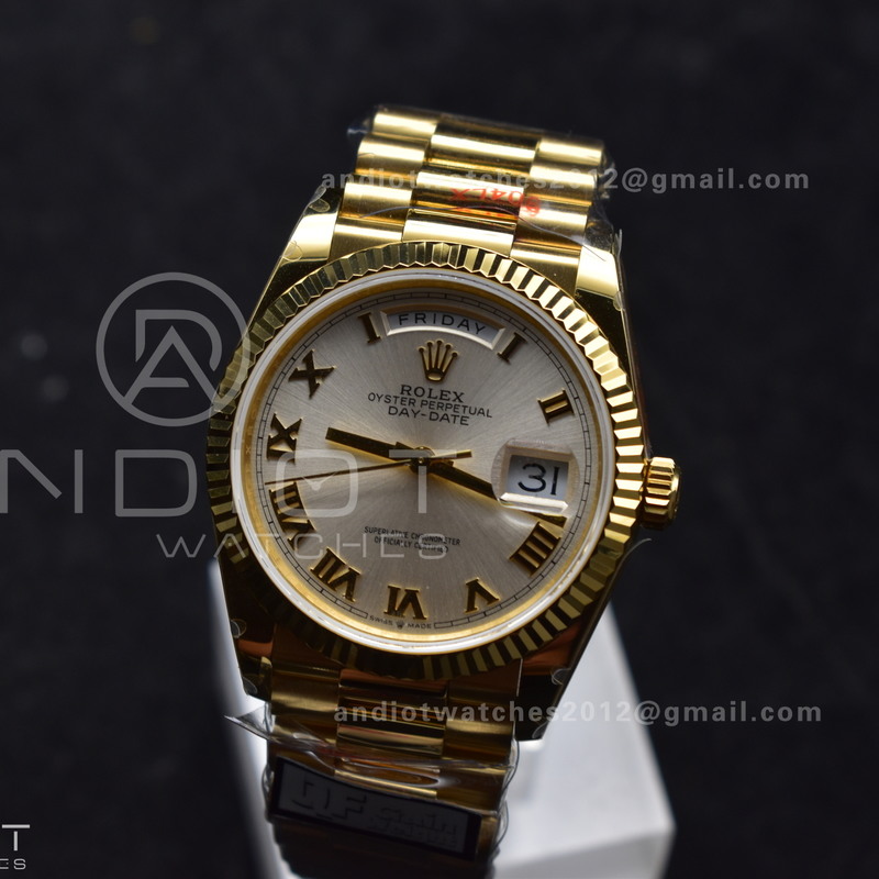 DayDate 36 YG QF Best Edition 904L Steel Silver Dial with Roman Markers on President Bracelet vr3255 V5 (Gain Weight)